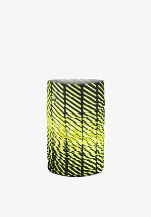 Scaldacollo tubolare in tessuto giallo e nero con strisce diagonali e logo Buff su sfondo bianco.