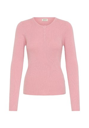 Rosa geripptes Langarmoberteil mit Henley-Ausschnitt und vier Knopfleiste. Die weiche Textur und das enganliegende Design betonen die Form des Kleidungsstücks.