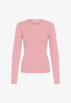 Rosa geripptes Langarmoberteil mit Henley-Ausschnitt und vier Knopfleiste. Die weiche Textur und das enganliegende Design betonen die Form des Kleidungsstücks.