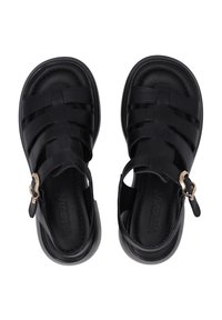 Black leather sandals with woven straps, adjustable ankle buckle, cushioned footbed, and smooth texture. Suitable for casual wear.