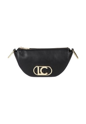 Sac en cuir noir de forme arrondie, avec des accessoires en or et un logo prominent au centre. Il dispose d'une fermeture éclair et d'une texture lisse.