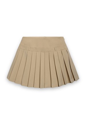 Minigonna beige plissettata con ampia fascia in vita e passanti per cintura, esposta su sfondo bianco.