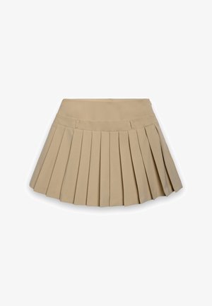 Mini-jupe plissée beige avec large ceinture et passants de ceinture, présentée sur un fond blanc.