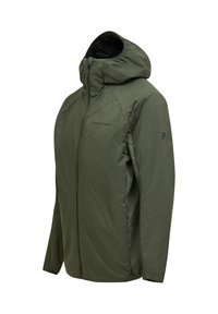 Groene gewatteerde jas met capuchon, voorvak met ritssluiting en zijzakken, weergegeven tegen een witte achtergrond, ontworpen voor gebruik buiten.