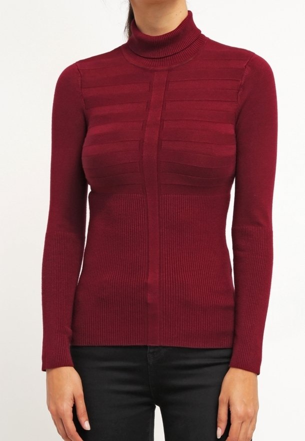 Maglione a collo alto bordeaux con texture a coste, caratterizzato da dettagli a strisce verticali sul petto e tessuto liscio sui pannelli.