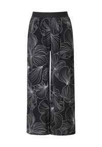 Zwarte wijde broek met een witte bloemenprint, elastische tailleband en lichtgewicht stof. Ideaal voor casual draag.