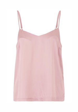 Top sin mangas de color rosa claro con diseño de cuello en V, hecho de una tela suave. Presenta tirantes delgados y costuras laterales sutiles.