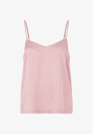 Helles rosa ärmelloses Oberteil mit V-Ausschnitt, aus einem glatten Stoff gefertigt. Verfügt über dünne Träger und subtile Seitennähte.