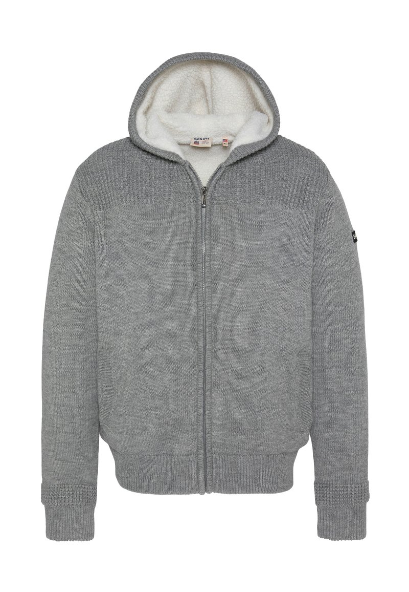 Szara bluza z kapturem na zamek, wyściełana od środka polarem, o dzianinowej fakturze, z prążkowanymi mankietami i kapturem. Posiada małe logo na lewym rękawie.