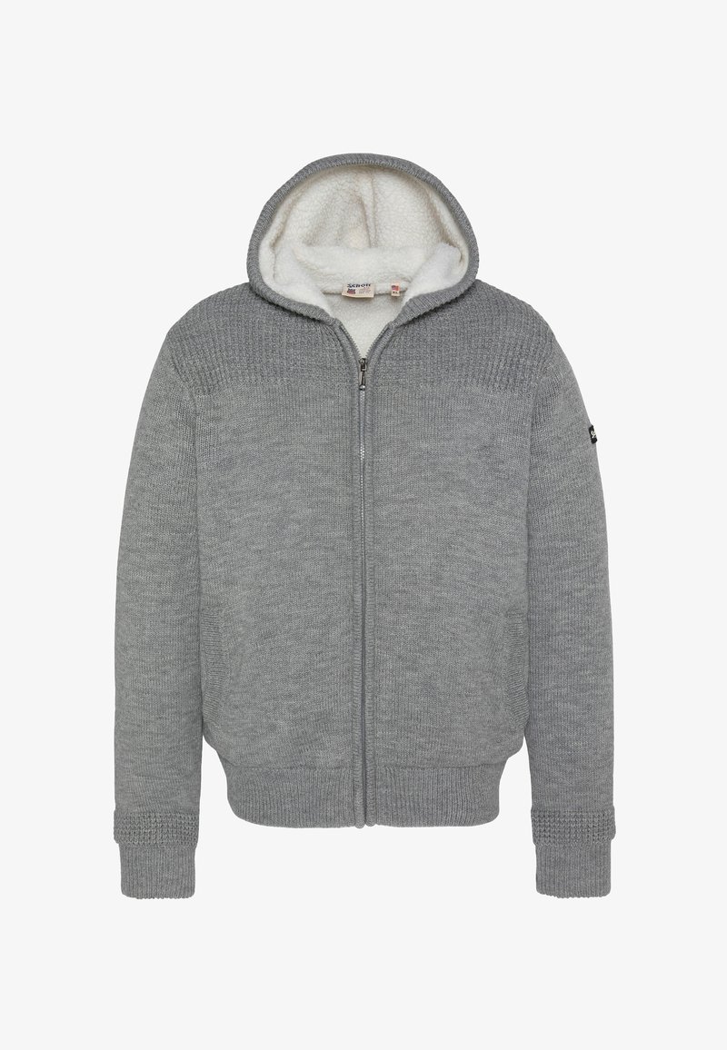 Szara bluza z kapturem na zamek, wyściełana od środka polarem, o dzianinowej fakturze, z prążkowanymi mankietami i kapturem. Posiada małe logo na lewym rękawie.