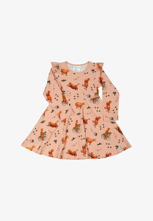 Langærmet kjole i lyserød, med farverige køer, der illustreres på cykler, og en udvidet nederdel med flæser på skuldrene.