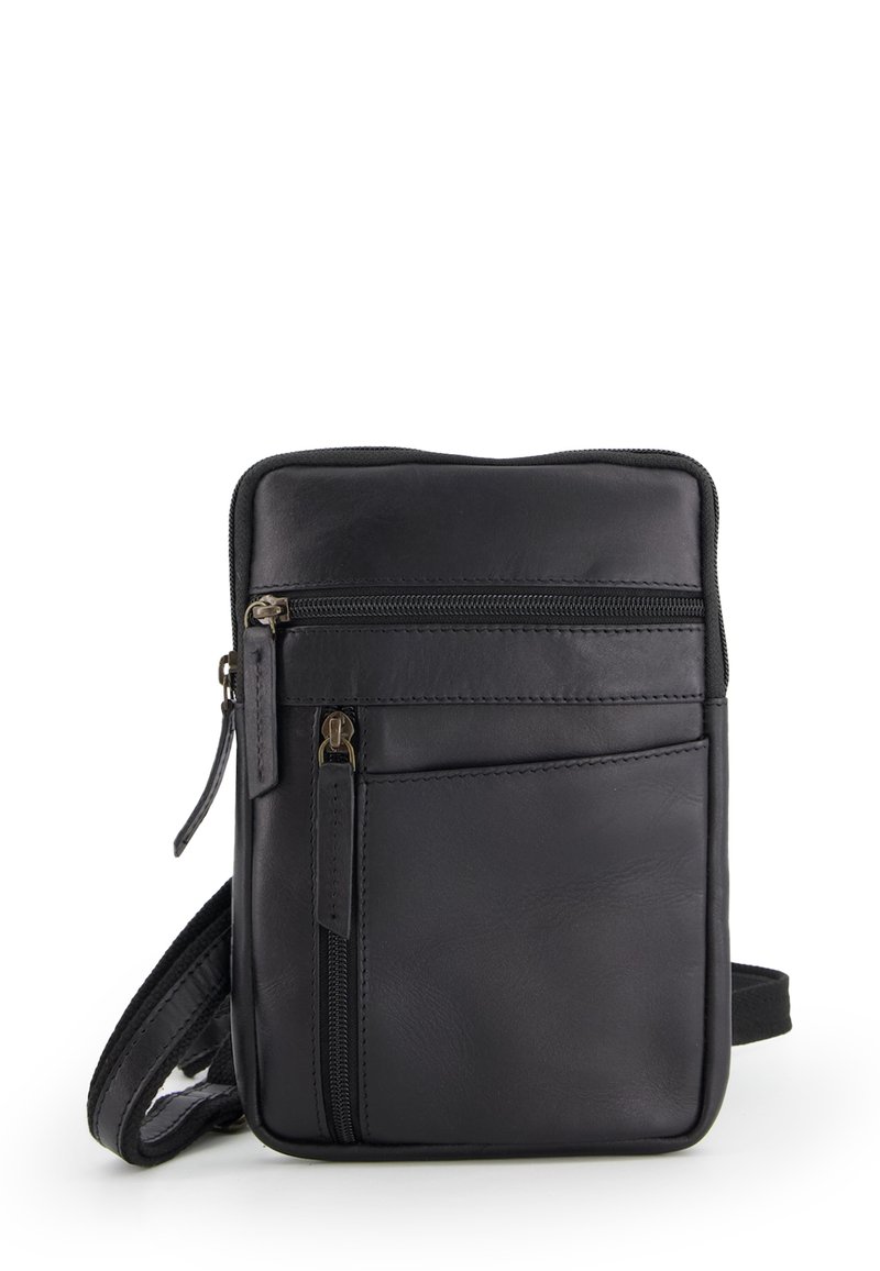 Schwarze Leder-Crossbody-Tasche mit glatter Oberfläche, ausgestattet mit einem Reißverschluss-Hauptfach, einer Fronttasche und einem verstellbaren Trageriemen.