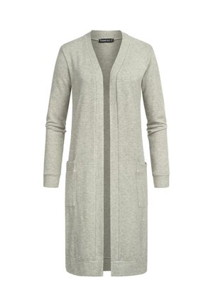 Světle šedý cardigan vyrobený z měkké látky, s dlouhým designem, otevřeným předním dílem, dlouhými rukávy a dvěma předními kapsami s ribovanými manžetami.