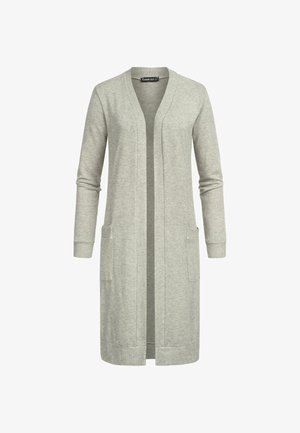 Világosszürke kardigán, puha anyagból készült, hosszú fazonú, nyitott elülső résszel, hosszú ujjakkal és két elülső zsebbel, bordás mandzsettával.