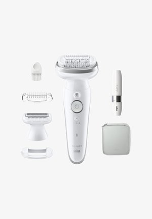 Braun Silk-épil 9 epilator in white, featuring silver accents, multiple attachments, a cleaning brush, and a zippered storage pouch.