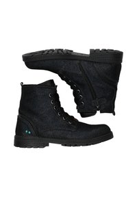 Stivaletti neri con lacciuolo, suola in gomma rugged e cerniere laterali, mostrati in vista laterale e dalla suola su uno sfondo bianco.