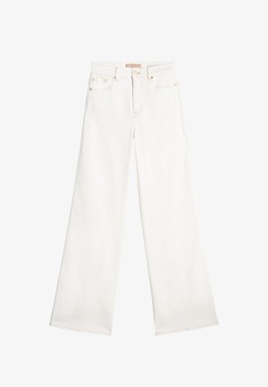 Jean blanc taille haute à jambes larges avec cinq poches, fermeture par bouton et passants pour ceinture, présenté à plat sur un fond blanc.