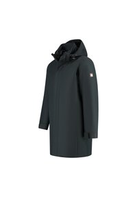 Donkergroene waterdichte parka met capuchon, lange mouwen en een klein logo op de linker bovenarm, weergegeven op een witte achtergrond.