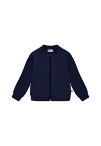 Granatowa dziecięca bluza zapinana na zamek z długimi rękawami, ściągaczami przy mankietach, kołnierzem, dołem oraz dwoma schowkami na ręce z przodu.