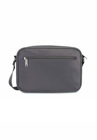 Borsa a tracolla grigia realizzata in tessuto resistente, con una texture liscia, forma rettangolare, tracolla regolabile e tasca frontale con zip.