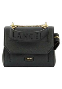 Sac à main en cuir noir avec logo "LANCEL" en relief, de forme structurée, chaîne en métal doré et poche zippée sur le côté. Accentué par des éléments en métal doré.