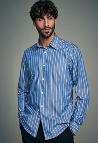 Blau gestreiftes Hemd mit weißen Streifen, langen Ärmeln und klassischem Kragen. Aus glattem Stoff gefertigt, mit geradem Saum und Knöpfen.