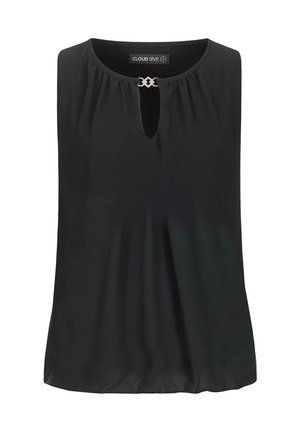 Black sleeveless top made of lightweight fabric with a keyhole opening and silver accent detail at the neckline; streamlined fit and smooth texture.