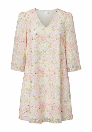 Lyse pastelfarvet blomsterkjole med V-udskæring, trekvart puffede ærmer og en flydende A-linje silhuet.