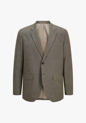 Blazer gris en tissu texturé, avec des revers crantés, deux poches avant, fermeture à un bouton, et une doublure intérieure de couleur claire.