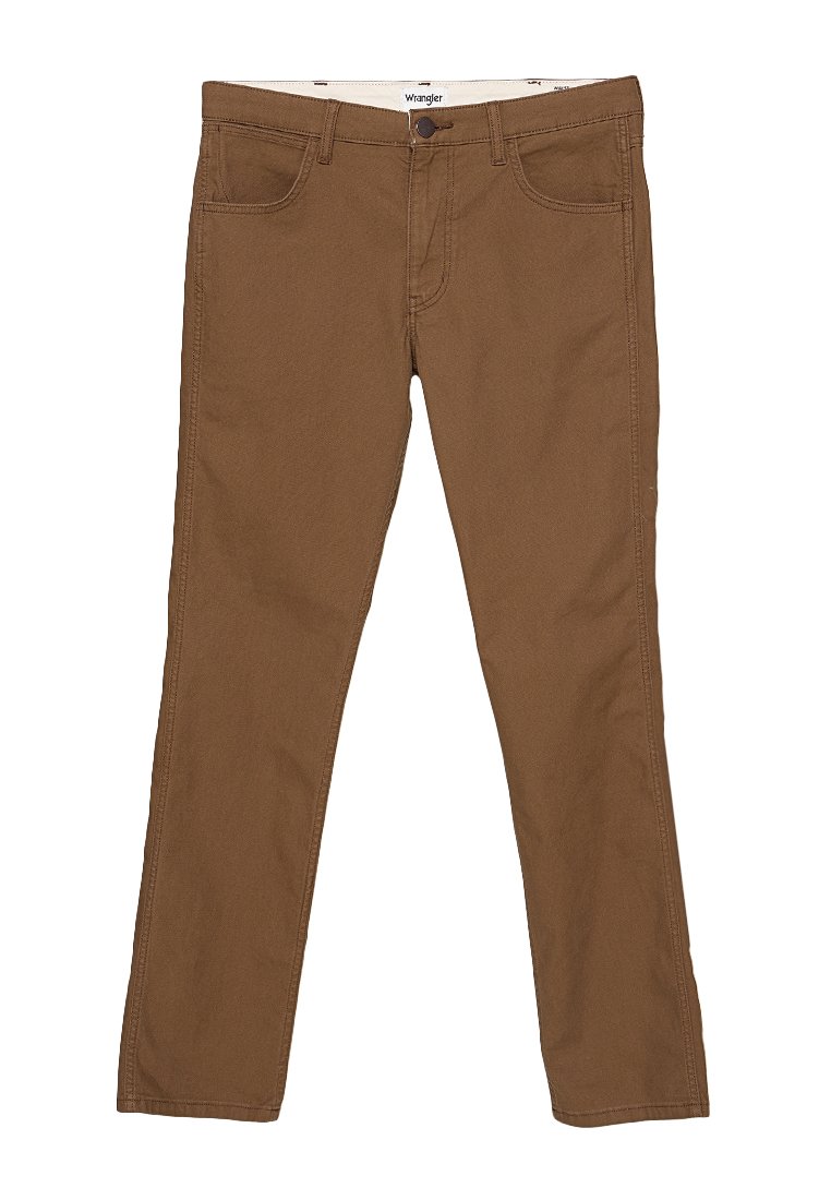 Brązowe dżinsy o prostym kroju, z pięcioma kieszeniami, zamkiem błyskawicznym i metką z logo na pasku.