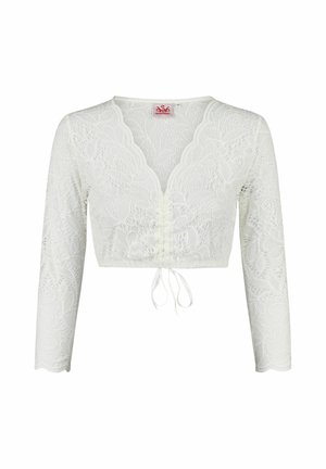 Witte cropped kanten blouse met lange mouwen, gegolfde V-hals, vooraan gerimpeld detail en striksluiting in de taille.