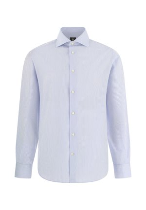 Lichtblauw en wit verticaal gestreept overhemd met lange mouwen, manchetten met knopen en een puntige kraag.