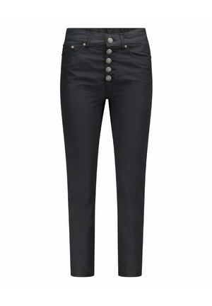 Zwarte denim jeans met een slim fit, voorzien van een sluiting met vijf metalen knopen, twee voorzakken en een schone, gladde textuur.