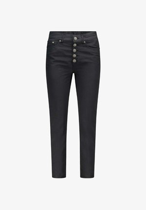Jeans en denim noir avec une coupe slim, dotés d'une fermeture à cinq boutons métalliques, de deux poches avant et d'une texture lisse et propre.