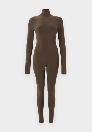 Brun langærmet body med høj hals. Fremstillet af glat, strækbart stof. Tætsiddende design strækker sig fra halsen til anklerne. Ingen synlige lukninger.