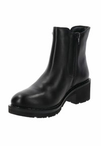 Stivale alla caviglia in pelle nera con cerniera laterale, tacco spesso e suola in gomma testurizzata. Design elegante con materiale liscio e resistente.