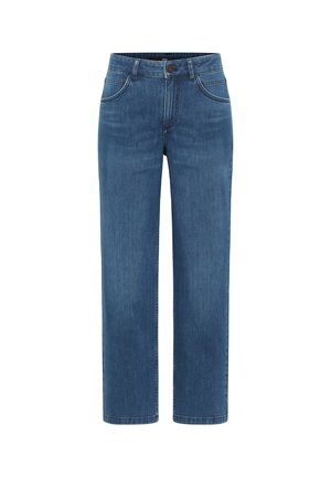 Blaue gerade geschnittene Jeans aus Denim mit Vorder- und Hintertaschen, Gürtelschlaufen und Knopfverschluss.