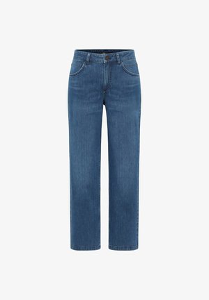 Blaue gerade geschnittene Jeans aus Denim mit Vorder- und Hintertaschen, Gürtelschlaufen und Knopfverschluss.