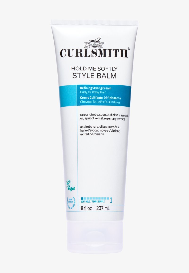 Tube Curlsmith Hold Me Softly Style Balm, crème de coiffage définissante pour cheveux bouclés ou ondulés, vegan, tenue douce, 237 ml.