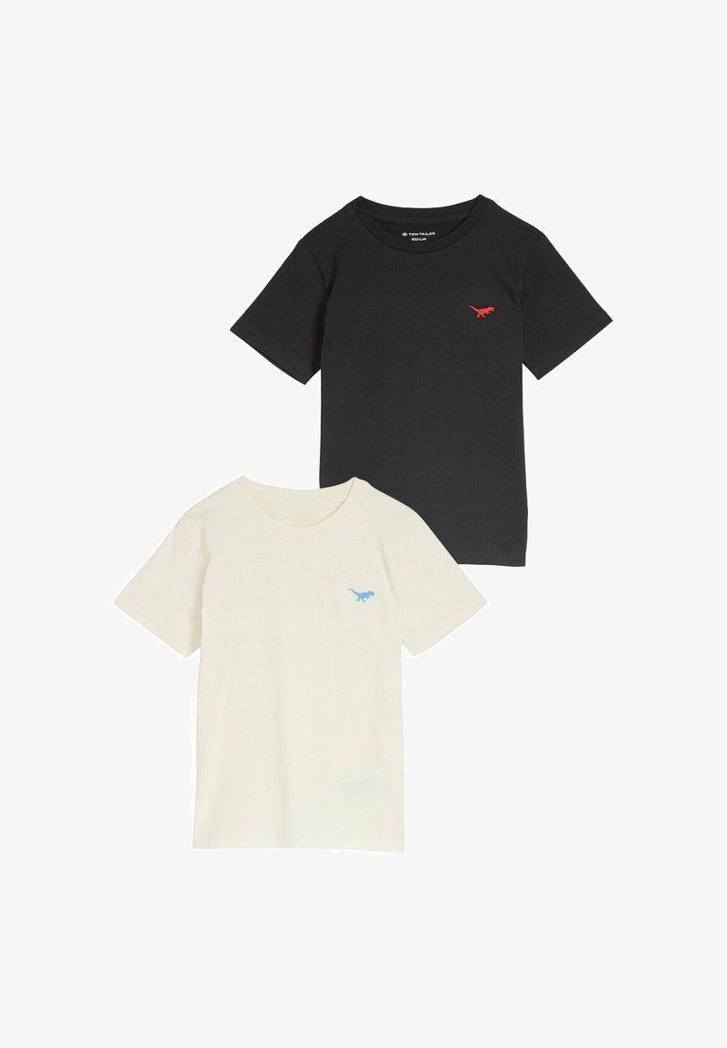 Two t-shirts: one black with a red dinosaur graphic, the other cream with a blue dinosaur graphic. Both are cotton, short-sleeved.