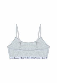 Šedý bralet z jemného materálu, s nastaviteľnými ramienkami a bielym pásom so zlogom "Juicy Couture" v čiernom písme pozdĺž spodnej časti.