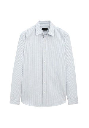 Blau-weißer gestreifter Langarmshirt mit Button-down-Kragen, durchgehendem Knopfverschluss und gepflegten Manschetten mit kontrastierendem Innenbesatz.