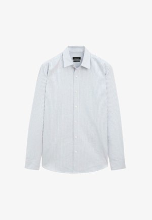 Blau-weißer gestreifter Langarmshirt mit Button-down-Kragen, durchgehendem Knopfverschluss und gepflegten Manschetten mit kontrastierendem Innenbesatz.