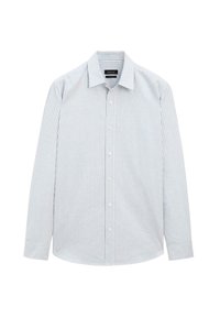 Camicia a righe blu e bianche con maniche lunghe, colletto alla coreana, chiusura frontale con bottoni e polsini ordinati con rifiniture a contrasto all'interno.