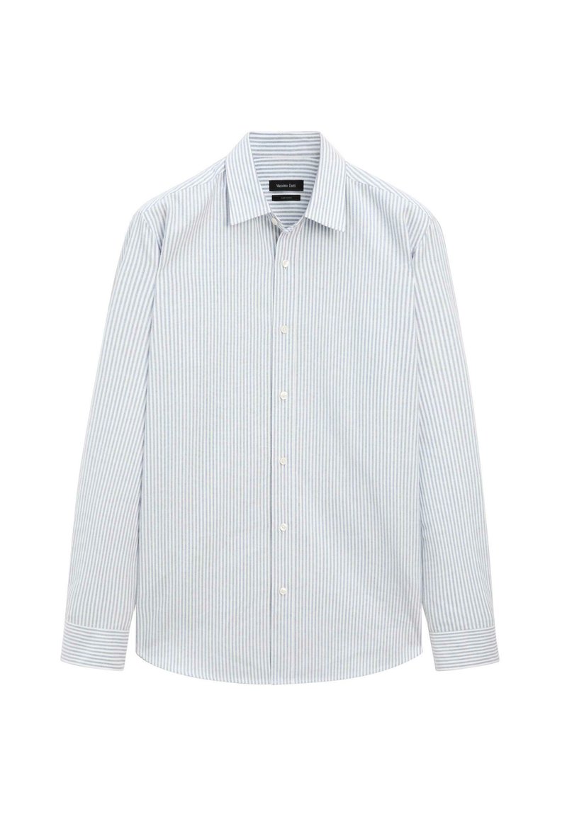 Camicia a righe blu e bianche con maniche lunghe, colletto alla coreana, chiusura frontale con bottoni e polsini ordinati con rifiniture a contrasto all'interno.