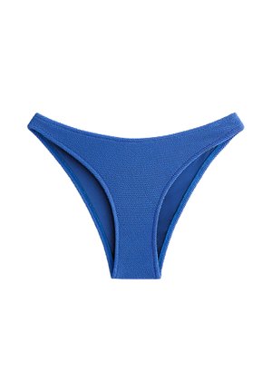 Modré bikiny s nízkym pásom vyrobené z textúrovaného materiálu, s vysokým strihom a hladkým podšívkovým materiálom, v celej svojom objeme v jednofarebnej farbe.