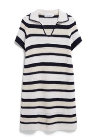 Virkat polo-klänning med korta ärmar, prydd med horisontella ränder i marinblått och krämvitt, en v-ringning och en vågig krage.