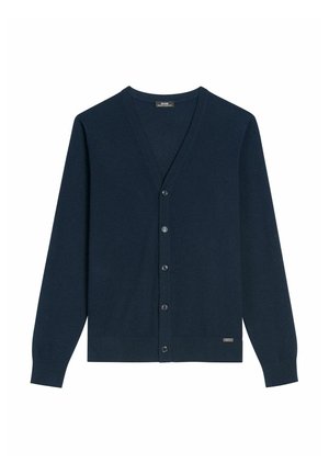 Granatowy kardigan z miękkiego materiału, z dekoltem w kształcie litery V, pięcioma guzikami i prążkowanymi mankietami. Zawiera mały detal z logo na dolnym brzegu.
