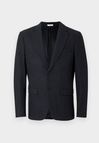Czarny blazer wykonany z teksturowanej tkaniny. Posiada klapę typu notch, zapięcie na dwa guziki, dwie boczne kieszenie oraz jedną kieszeń na piersi.