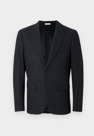 Donkergrijze blazer gemaakt van textuurstof. Beschikt over een notch revers, een dubbele knoopsluiting aan de voorkant, twee zijzakken en een enkele borstzak.